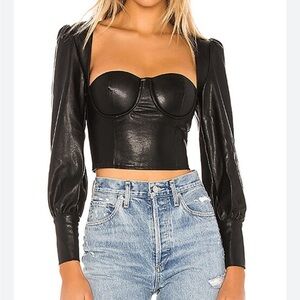 NWT NBD Black Fia Faux Leather Square Neck Long Sleeve Blouse